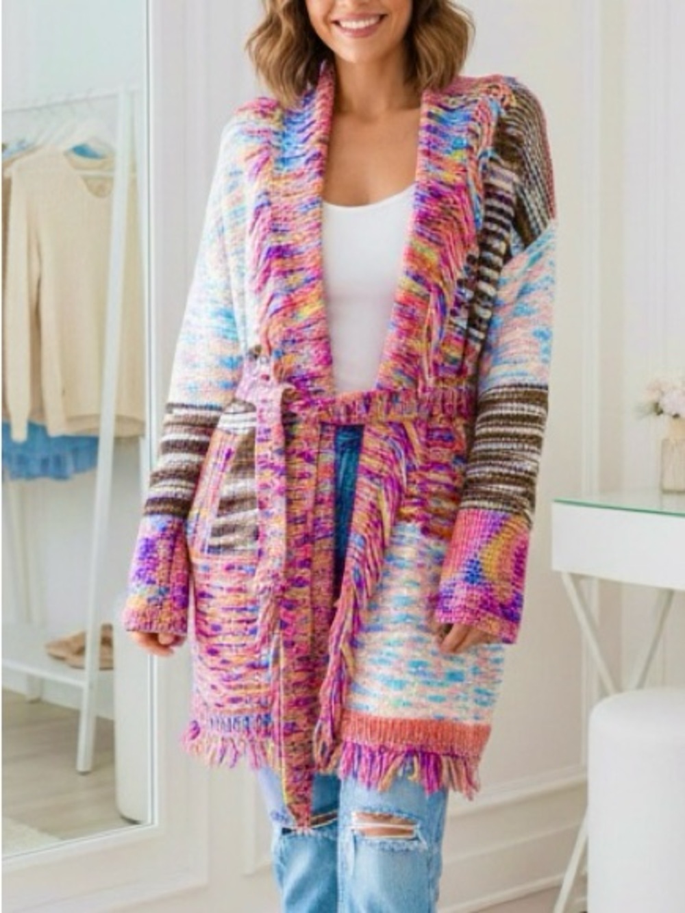 POL Bright Rainbow Confetti Multicolor Fringe Belted Cardigan